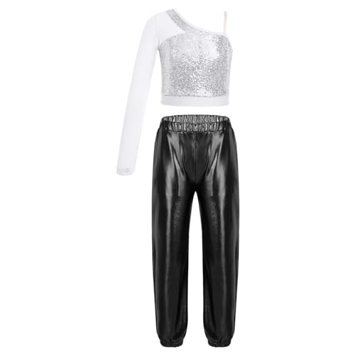 JanJean Kids Girls 2Pcs Dance Tracksuit Shiny Metallic Crop Top with Athletic Sweatpants Jazz Hip Hop Jazz Dance Costume Silver&Black B 8 Years