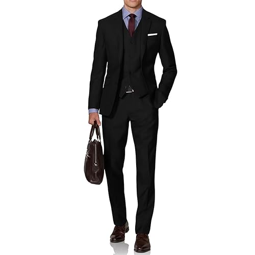 Image of Mens Suit Solid Two Button Slim Fit Suit Set for Wedding Formal Business Suit Men 3 Piece Suit Blazer Vest Pants Set
