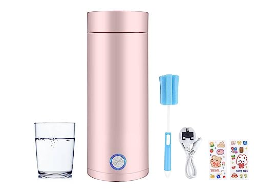 Hitopin Hervidor de viaje de 400 ml, mini hervidor eléctrico de viaje, hervidor de té de viaje de apagado automático, con 2 calcomanías y 1 cepillo para tazas, para hacer té, café, leche (rosa, 400