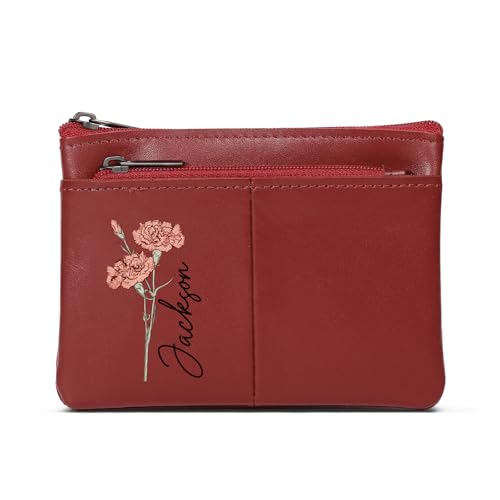 Personalized Birth Flower Leather Wallet - Women's Wristlet Purse with Custom Name Stylish Card Holder Purse with Zipper Wallet Mother's Day Gifts for Mom (Red)