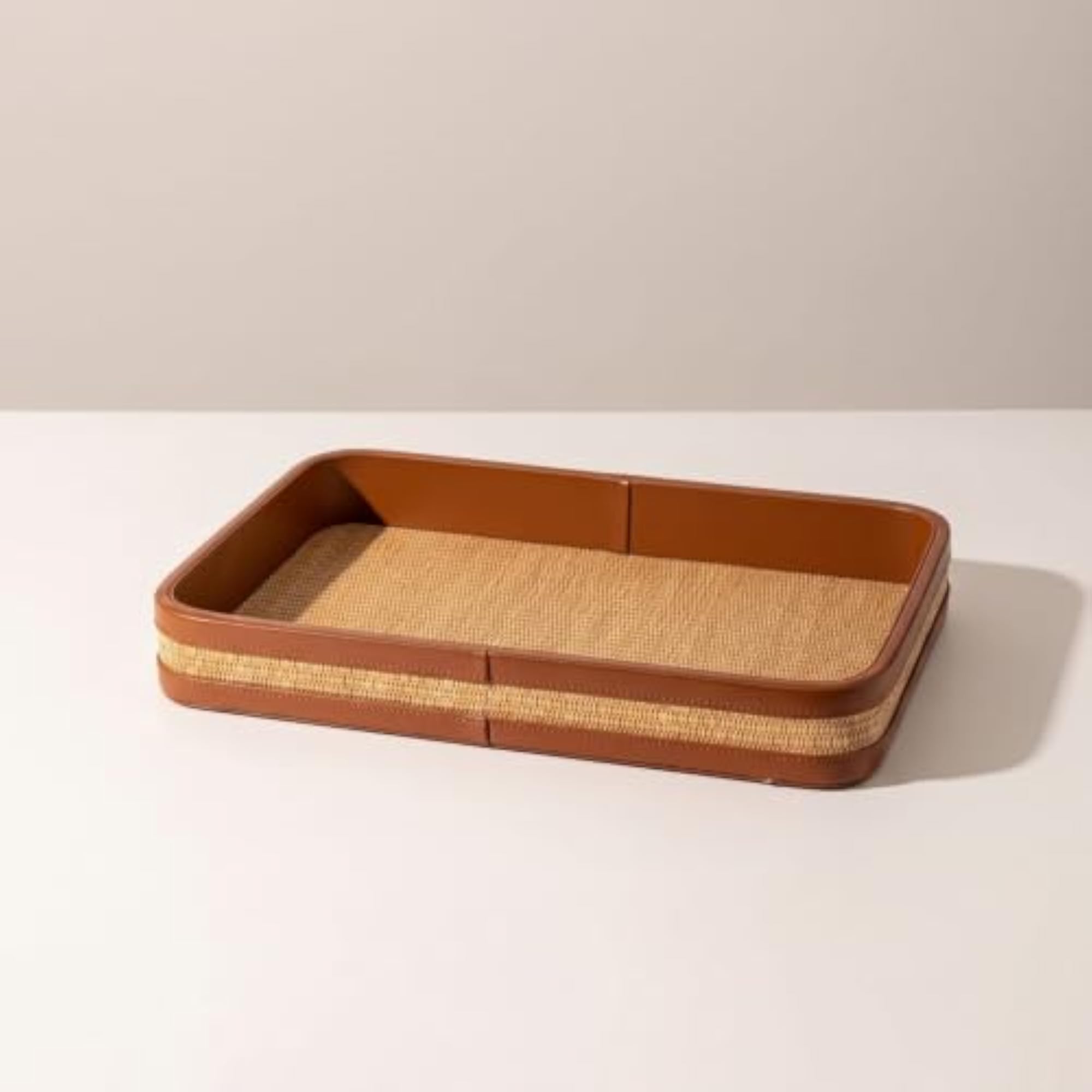 Rectangular Woven Tray with Leather Rim