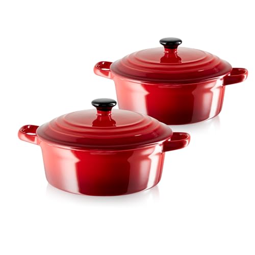 KHG Auflaufform mit Deckel 2er Set Rot 0 5 Liter klein Keramik Steingut rund Servierform mit Griffen ofenfest 200C & mikrowellenfest Schmortopf Mini-Bräter Mini-Cocotte