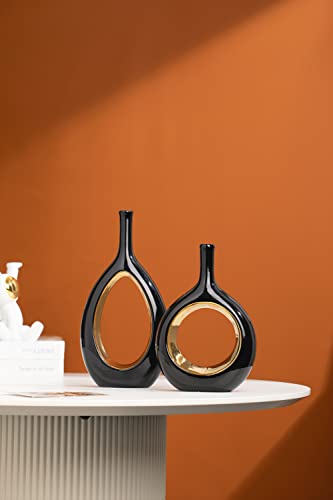 Black Gold Vase- Modern Vase, Black Décor, Vases For Decor, Ceramic Vase For Shelf Decor Home, Office, Living Room, Bookshelf, Centerpieces, Decorative Vase, Table Decoration, Set Of 2 #TOP4