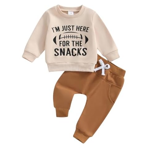 Madjtlqy Toddler Baby Boy Fall Clothes Long Sleeve Crewneck Sweatshirt Top Casual Pants Set Cute Infant Winter Outfits (Khaki funny snacks, 6-12 Months) Cover