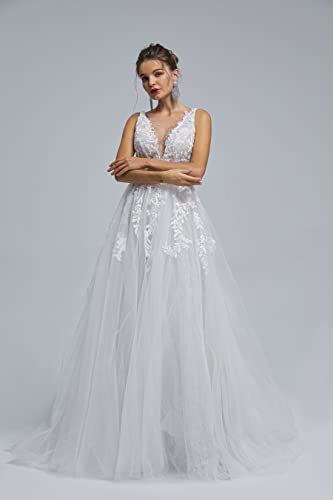 Image of Spaghetti Chiffon Beach Wedding Dress V Neck A line Bridal Gowns Lace Plus Size Wedding Dress