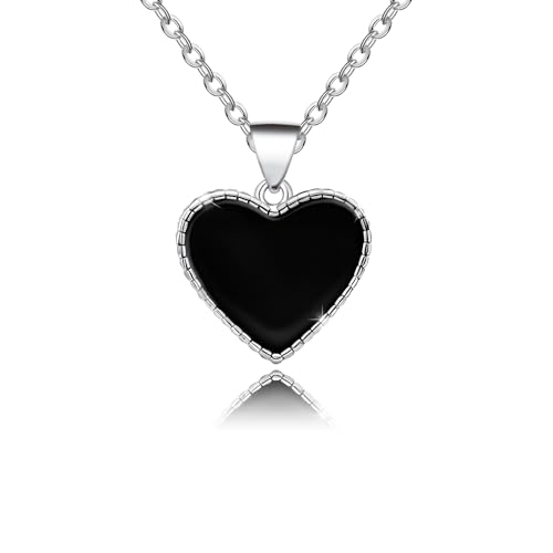 Evelyni Black Heart Necklaces for Women - Sterling Silver Love Heart Shaped Pendant Necklace Stylish Minimalist Small Adjustable Stackable Charm Necklace Fashion Jewelry Gifts