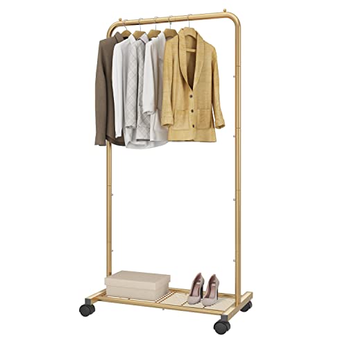 Simple Trending Standard Clothes Garment Rack, Clothing Rolling Rack With Mesh Storage Shelf On Wheels, Golden Yellow #TOP1
