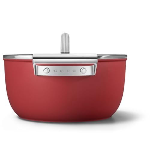 Image of Smeg, CKFC2411RDM Non-Stick Casserole with Lid Included, Diameter 24 cm, Stainless Steel Side Handles, Suitable for All Hobs, Up to 250 in the Oven, Capacity 4.6 L, Red