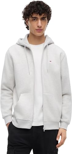 Tommy Jeans Sweat à Capuche Zippé Homme Flag Zip Thru avec Capuche, Gris (Silver Grey Heather), XL