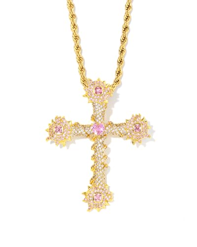 Lulu Mel Iced Out White Gold Plated Cubic Zirconia Stone Cross Necklace With Rope Chain, Trendy Hip Hop Cross Chain Jesus Necklace For Men Women