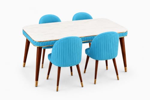 Image of WOODEN SPACE Majestic 4 Seater Wooden Dining Table Set | Urban Marble Top Dining Table with Chairs for Dining Room & Kitchen (Majestic Backline Sky Blue) (54 x 36 x 30 inch)