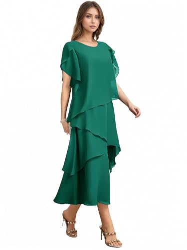 Tea Length Mother of The Bride Dresses for Women Chiffon Short Sleeve Wedding Guest Dress MM001