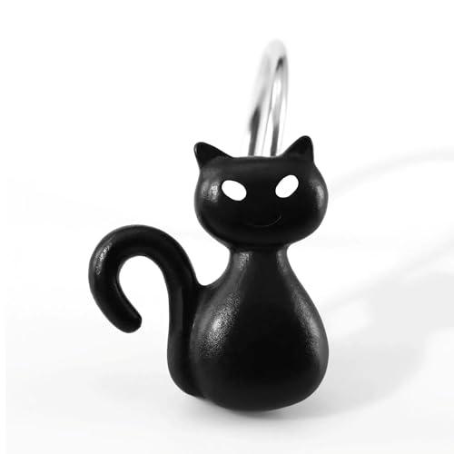 Halloween Black Cat Shower Curtain Hooks12 Pcs Cute Spooky Gothic Cat Design with Rustproof Stainless Steel Rings - Haunted House Witchy Ghost Horror Theme Decorative Hooks for Bathroom Bedroom Dcor