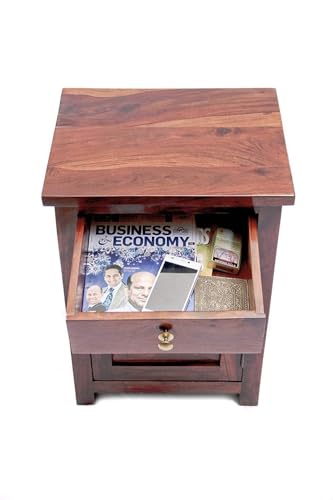 Image of Solid Sheesham Wood Bedside Table for Bedroom | Handmade Pure Wooden Bed Side Nightstand End Table with 1 Drawers & 1 Open Shelf Storage for Home & Bed Room | Rosewood, Honey Brown