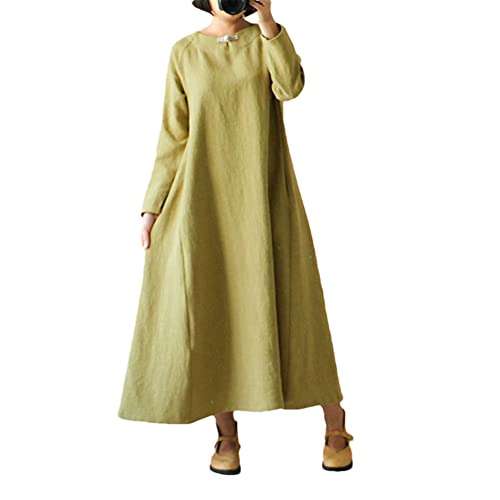 Robe vintage en coton et lin kaki taille L : vêtement d'été fluide