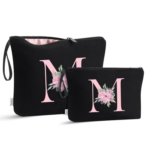 Image of Vavabox A-Z Personalized Makeup Bag, Birthday Gifts for Women Mom, Gifts for Best Friend, Bride Bridesmaid Cosmetic bag (M, 04-Black Set)