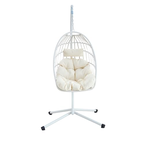 Silla colgante plegable con forma de huevo para interiores y exteriores, capacidad de peso de 350 libras, marco de acero recubierto de polvo, silla multifuncional para ocio (blanco)
