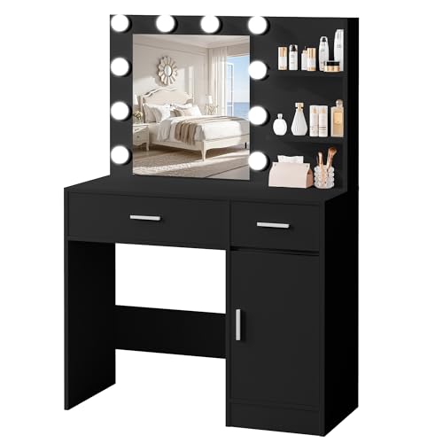 Lighted Makeup Vanity Desk, 35.4”W x 15.7“D x 54”H, Black (with Lights and Mirror, Dimming Function, 2 Drawers and 1 Cabiniet, Open Shelves)