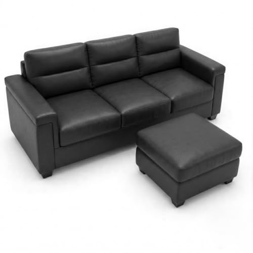 Image of FURNY Parker 3 Seater Sofa Set with Ottoman | Premium Suede Velvet Fabric Finish | Durable Comfort Sofa for Modern Living Room & Office Spaces (Black Leatherette)
