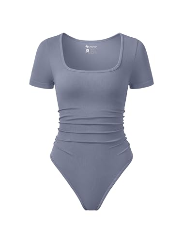 Image of OQQ Women Bodysuits Ruched Short Sleeve Square Neck Stretch Lounge Travel Bodysuits