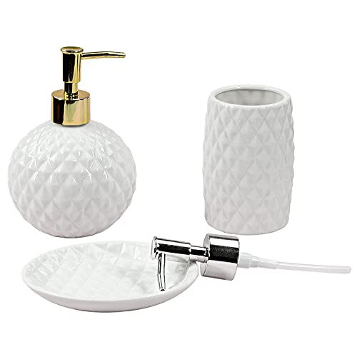 G Decor - Juego de 3 accesorios de diseño para el baño con vaso, dosificador para jabón líquido o loción y vaso portacepillos de dientes, cerámica blanca Cover