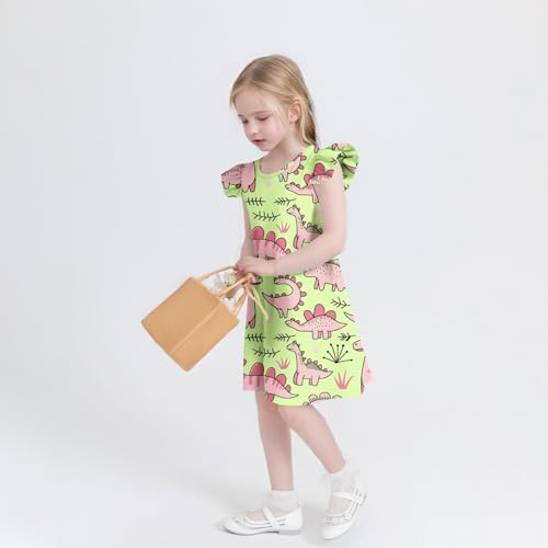 Girls Flutter Sleeve Summer Dress Cute Cartoon Dinosaur Print Loose A-Line Princess Swing Dresses for Kids 4-14 Years3