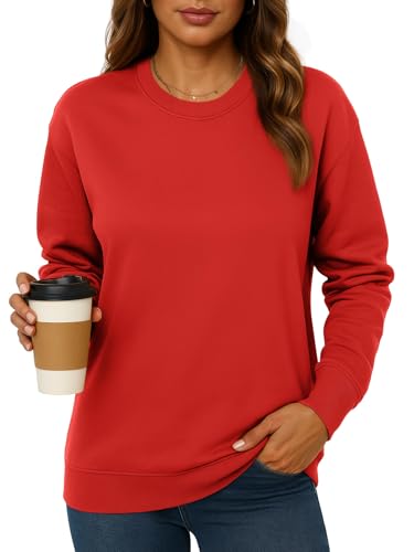 NEYOUQE dames pullover met lange mouwen kleurblok ronde hals casual sweatshirt, C-rood, XL