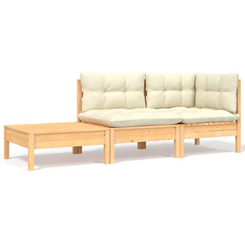 vidaXL Bois de Pin Massif Salon de Jardin 3 pcs avec Coussins Mobilier de Patio Meubles d'Extérieur Mobilier de Jardin Meubles de Terrasse Crème