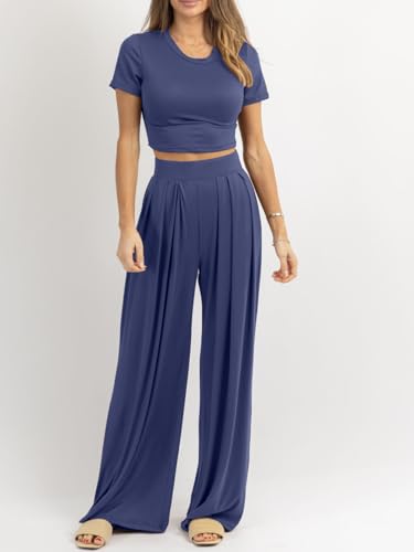 Image of PEIARA Womens 2 Piece Lounge Sets Summer Short Sleeve Crop Top Two Piece Outfit Wide Leg Palazzo Pants Set Matching Tracksuit