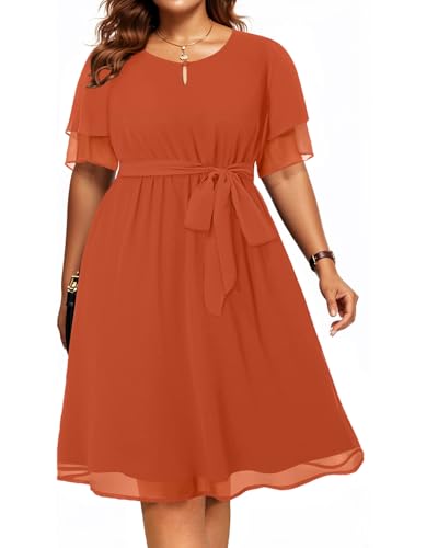 Pinup Fashion Women Burnt Orange Dress Plus Size Wedding Guest Thanksgiving Semi Formal Rust Chiffon Keyhole Neck Knee Length Dress