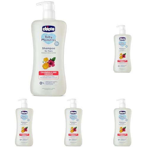 Image of Chicco Baby Moments Shampoo for Tear-Free Bath times, Natural Ingredients, Suitable for baby's tangle Free, smooth hair, No Phenoxyethanol and Parabens (500ml) (Pack of 5)