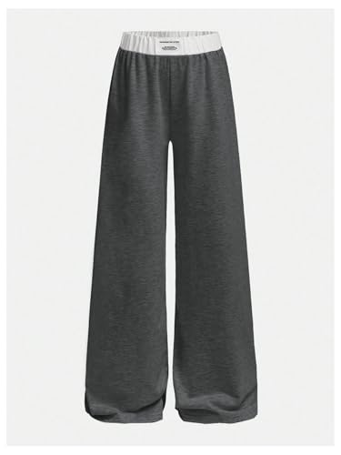 Image of RoseSeek Girl's Baggy Sweatpants Letter Patched Wide Leg Pants Elastic Waist Long Trousers Joggers Trendy