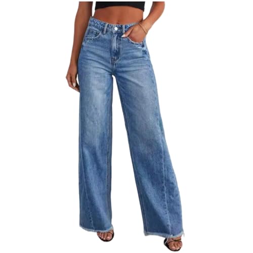Women's Wide Leg Jeans, Casual high Waisted Straight Leg Stretch Jeans with Brushed Edge and Fur Hem
