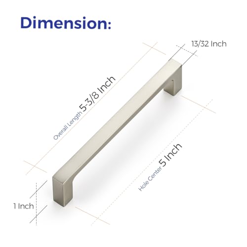 Image of Ravinte Brushed Nickel Kitchen Cabinet Solid Handles,5 Inch,10 Pack | Solid Zinc Alloy, Modern Slim Style, Square Design, Deep-Thread Firm Base, Screws Included, for Kitchen Drawers & Cupboards