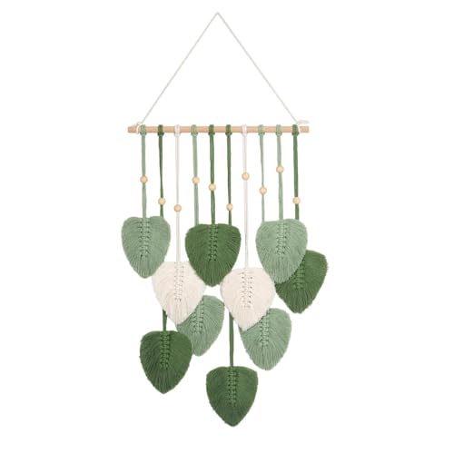 Arazzo da parete in macramè, stile boho con perle di legno e foglie, foglie di cotone in verde e bianco, decorazione da parete bohémien, fatto a mano, per esterni, soggiorno, camera da letto, interni