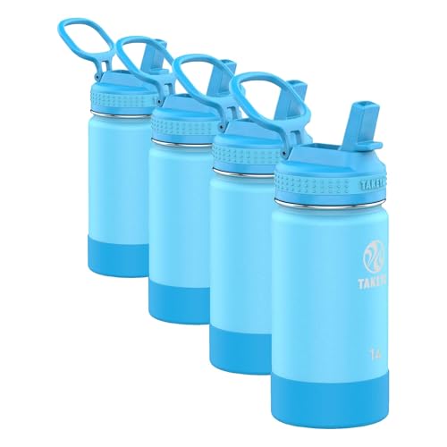 Image of Takeya Actives Kids Water Bottle Stainless Steel Double Wall Insulation BPA-Free Leakproof Straw Lid Easy Carry Handle Reusable Ideal for Boys and Girls,School,Sports Atlantic Blue,14 oz(Pack of 4)