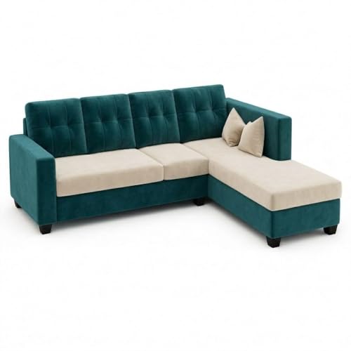 Image of FURNY Nathan 5 Seater L Shape Sofa Set RHS (Green Teal-Cream) | Suede Velvet Finish | Durable Comfort Sofa for Modern Living Room & Office Spaces
