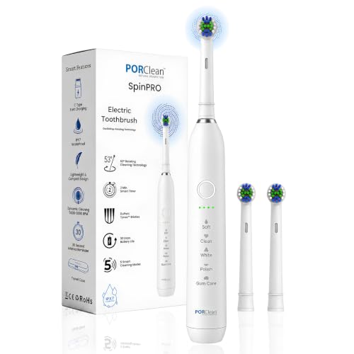 SpinPRO Electric Toothbrush for Adults – 53° Oscillating Rotary Cleaning, 5 Modes, 5600–8500 RPM, 2-Min Smart Timer, DuPont Tynex Bristles, 30-Day Bat