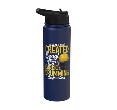 Navy blue insulated stainless steel bottle with cardio drumming graphic — showing the dual-wall body and flip-top straw lid