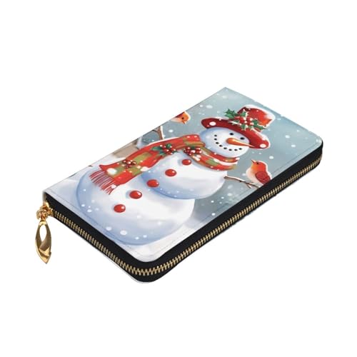 Merry Christmas Snow man and Birds Wallet for Men Women Long Purse Leather Clutch Large Business Handbag Travel Phone Holder Credit Card Holder Money Case with Zipper Leather Wallets Gift3