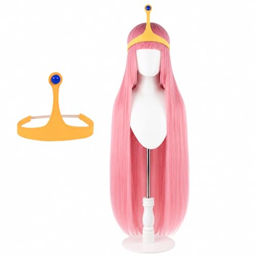 abouder Long Pink Wig with Bangs for Women Cosplay Princess Anime Character Heat Resistant Synthetic Halloween Party Costume Hair Wigs+Crown Accessory Prop