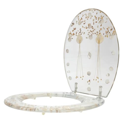 Toilet Seat Transparent, Dried Flower Toilet Seat, Resin Toilet Seat Set, Silent Heavy Duty Toilet Cover and Seat Round with Mute Close and Stainless Steel Strong Hinges