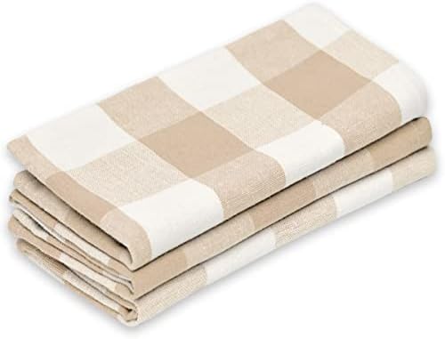 Kitchen Towels, Plaid Dish Towels, Farmhouse Kitchen Towels, Dish Towels for Kitchen - Beige Kitchen Towels - Checked Dish Towels, Tea Towels Mitered Corners Beige and Cream Set of 3 18x28