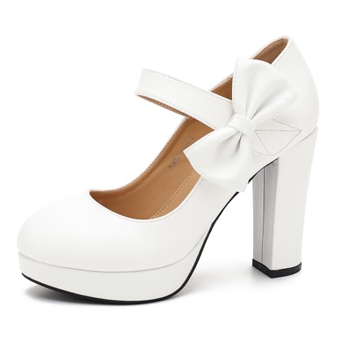Image of MAIERNISI JESSI Women's Platform Mary Jane Pumps with Bow, 3.94 Inch Block Heel Dress Shoes