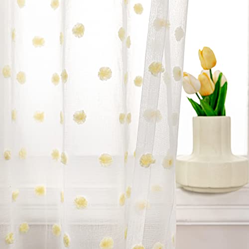 Image of MYSKY HOME Short Yellow Pom Pom Sheer Curtains for Bedroom 45 Inch 2 Pieces | Small Window Curtains, Light Filtering, for Living Room Kitchen Nursery, Yellow Cafe Panels, Rod Pocket, 50 x 45 in