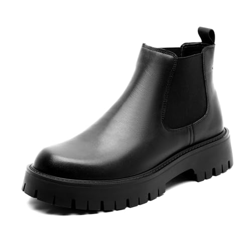 Men's Genuine Leather Elastic Panels Platform Chunky Heel Chelsea Boots Fashion Round Toe Slip On Lug Sole Warm Dress Ankle Boots for Business Work (Black,9)