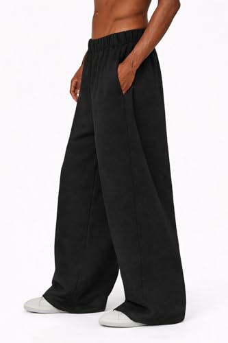 Image of JUGULAR Men's Baggy Barrel Wide Leg Loose Fit Streetwear Track Pants, Black, Pure Cotton, Elastic Waistband, Side Pockets
