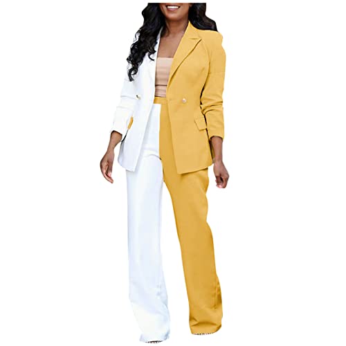 Women Blazer and Trousers Set Casual Office 2 Piece Outfits Color Block Business Suits Lapel Front Open Blazer Jackets