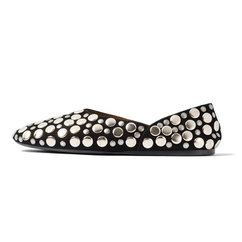 Studded Suede Ballet Flats for Women Round Toe Slip on Leather Flats Comfortable Loafers Walking Shoes