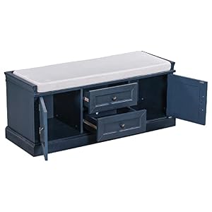 Knocbel 425 Entry Storage Bench with Removable Cushion 2 Drawers and 2 Cabinets Entryway Hallway Foyer Shoe Bench End of Bed Bench with Aluminum Handles 200lbs Weight Capacity Antique Navy